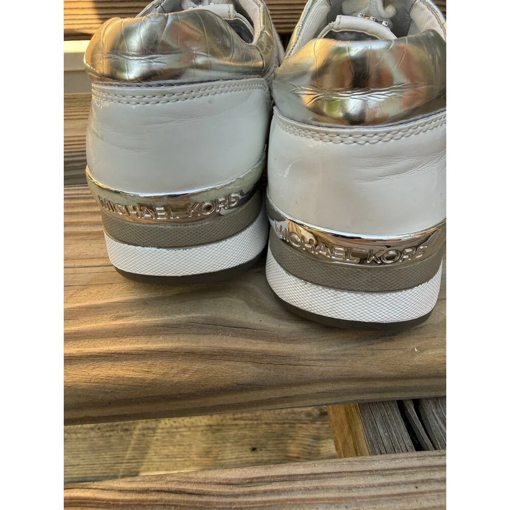 MICHAEL KORS Women's Allie White Cream & Sliver Wrap Trainer Sneakers Sz 8 M